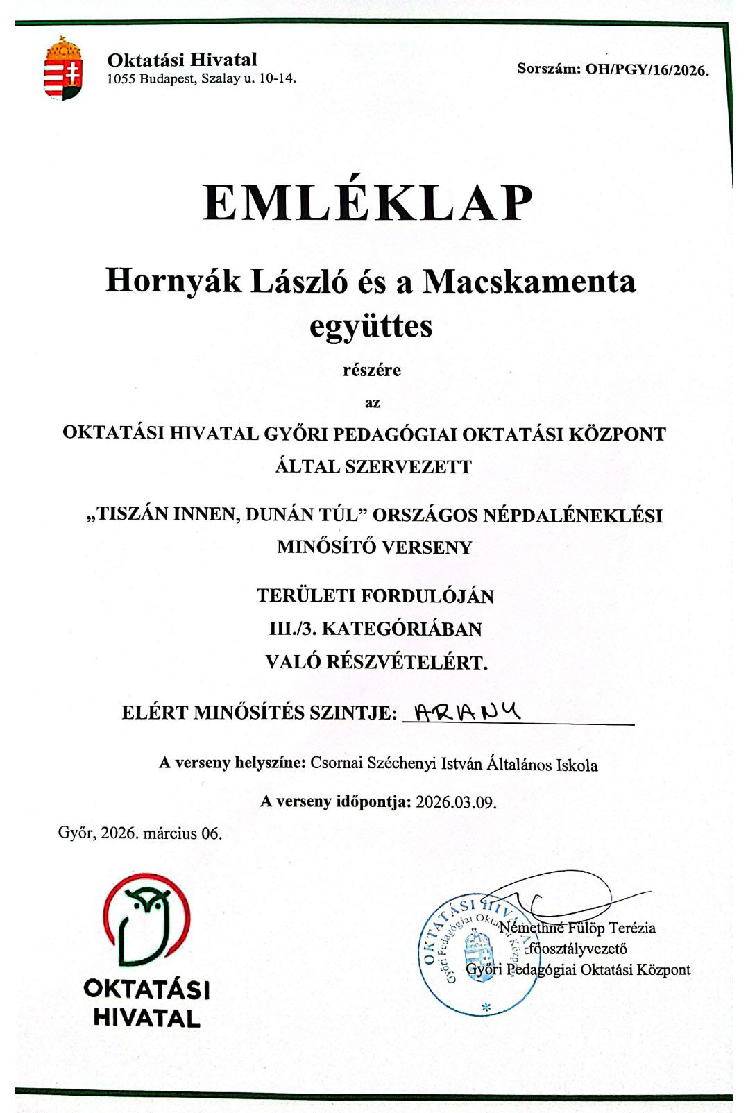 Népdal oklevél 2